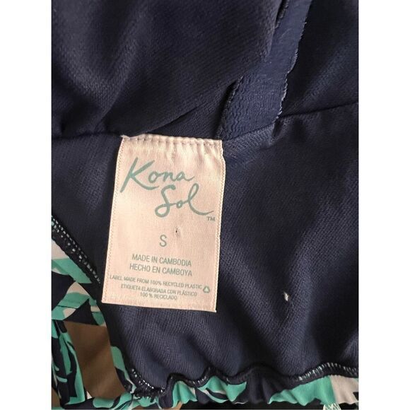Kona Sol Size S Loop Back One Piece Swimsuit Navy Aqua Palm Print Tropical Beach - Picture 11 of 11